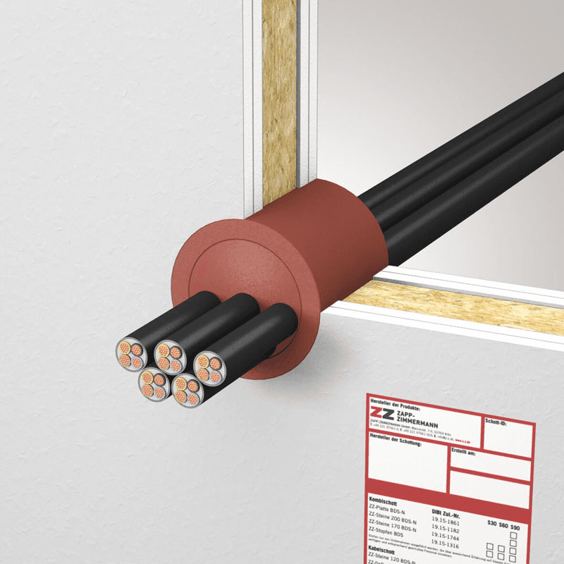 Durchführung in Wand oder Decke mit fachgerecht ausgeführter F30–F90 Abschottung