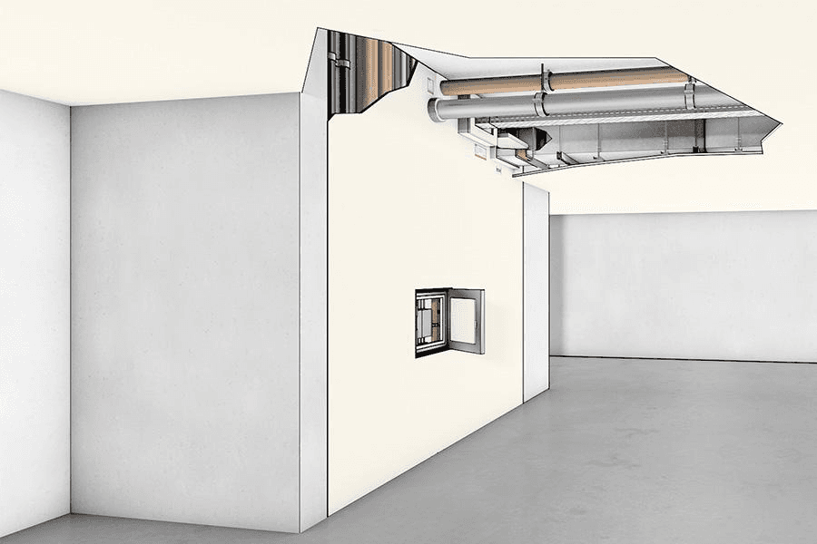 Detail view of fire protection cladding with a clean interface